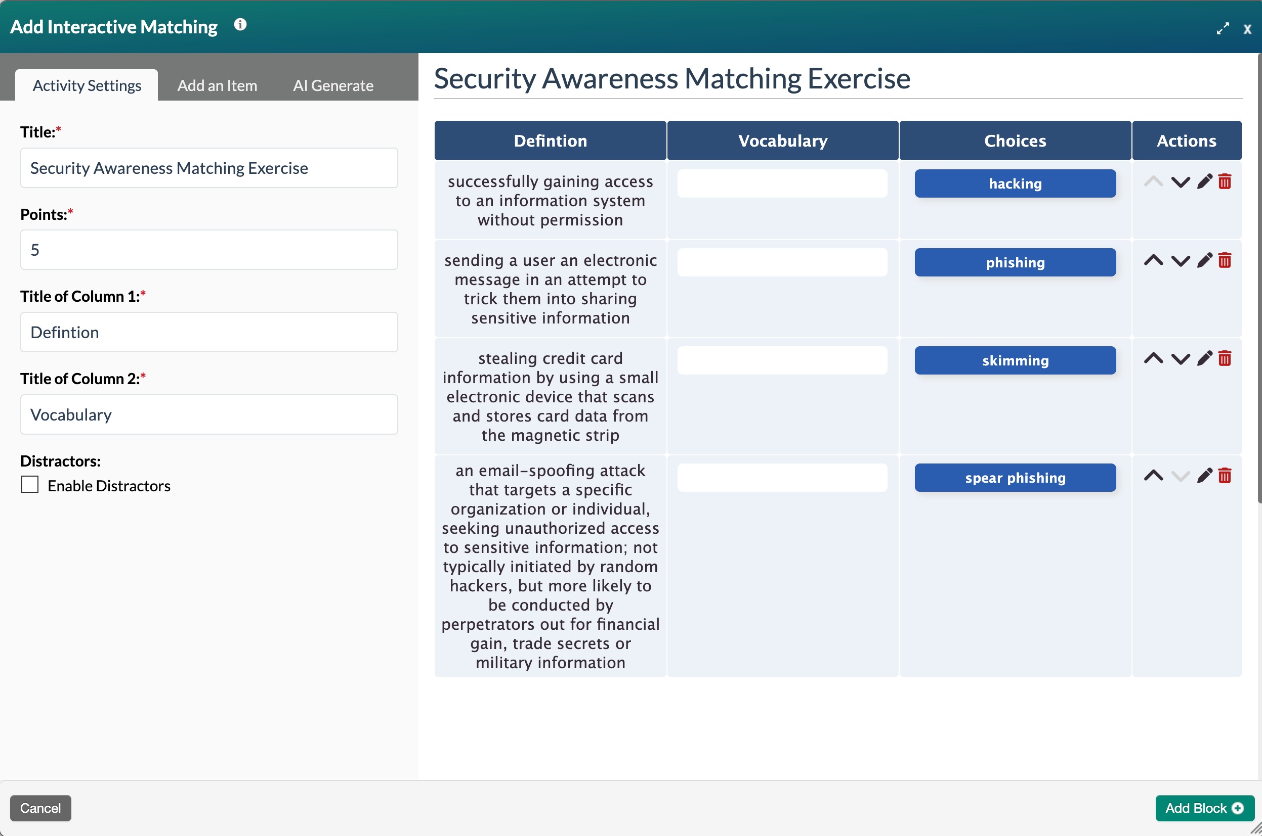 screenshot showing the interactive matching editing modal with the glossary terms matching activity in the preview pane
