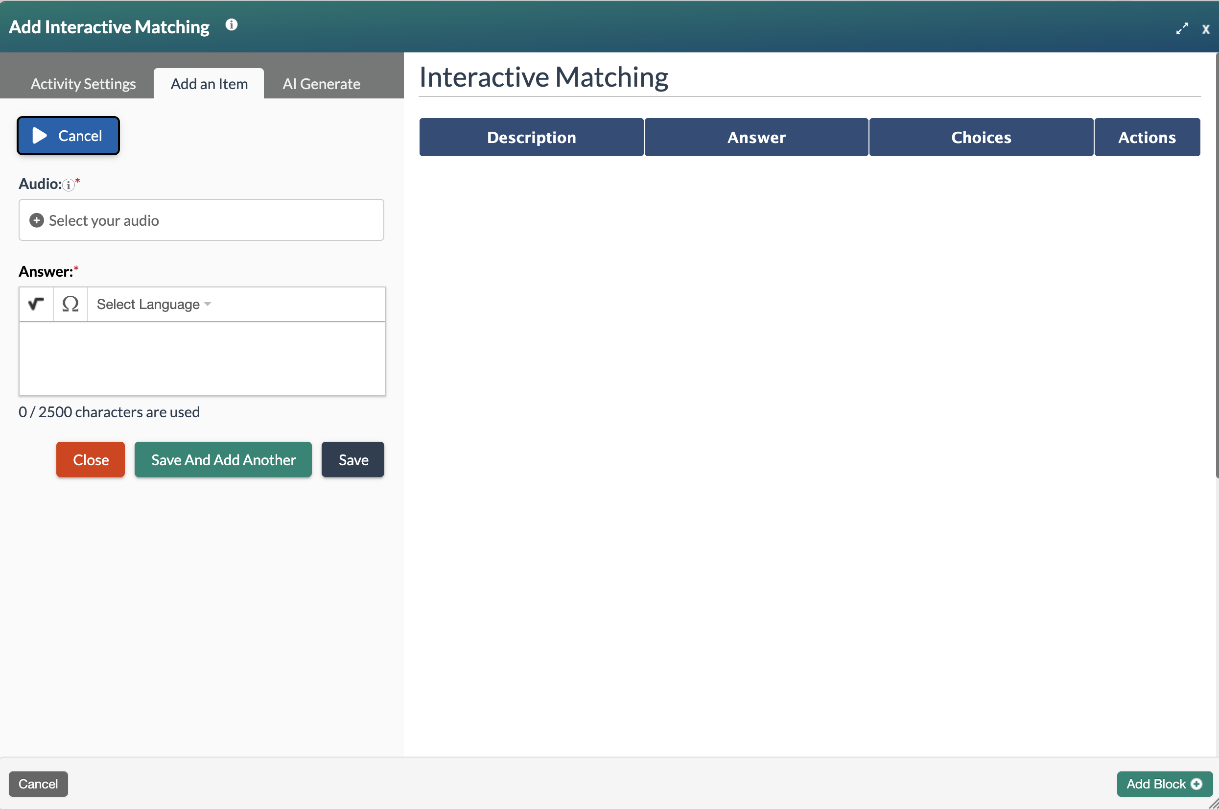 screenshot showing the interactive matching editing modal with the add item tab selected and adding an audio item.