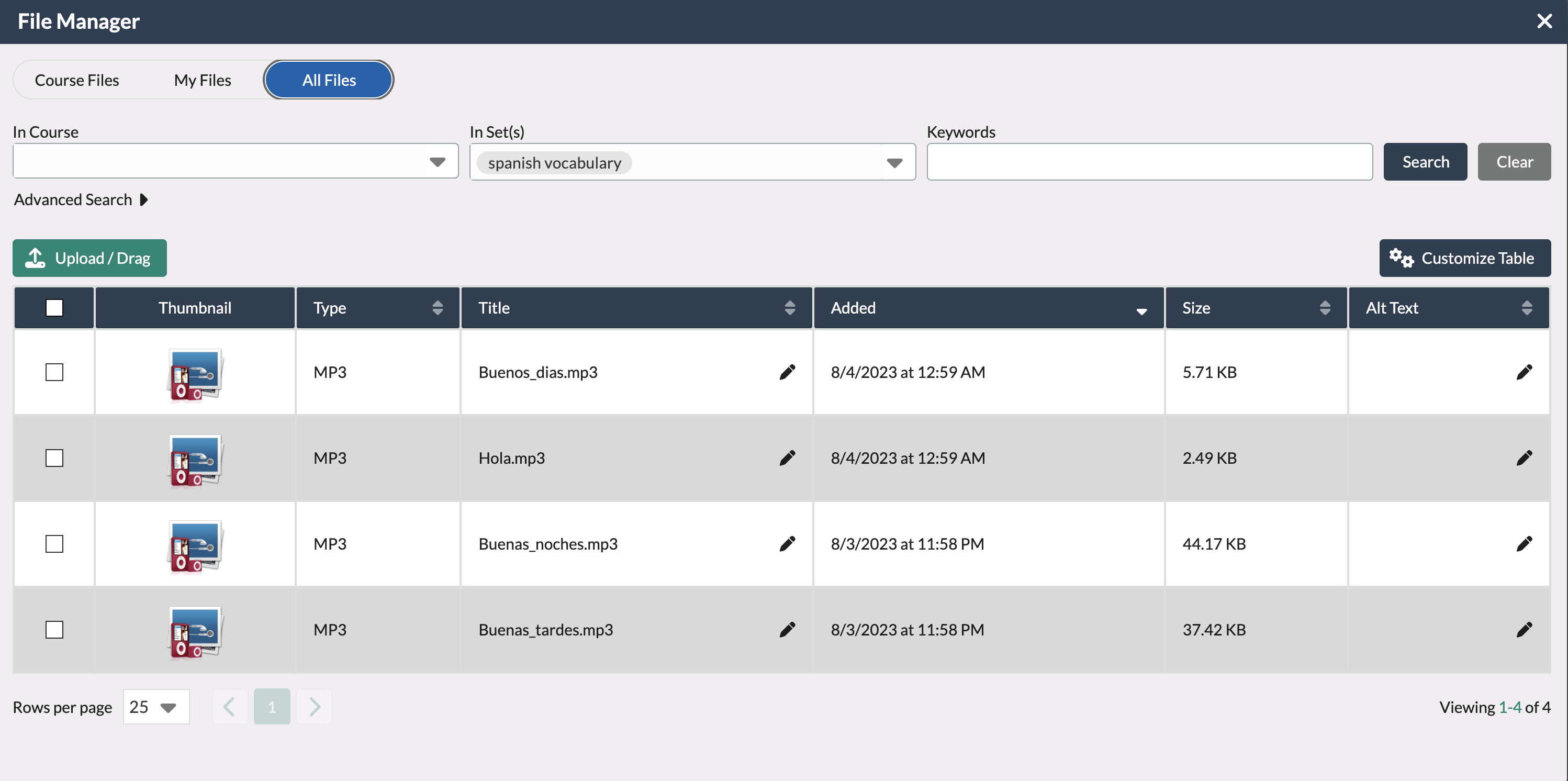 file manager view showing audio files in the spanish vocabulary file set