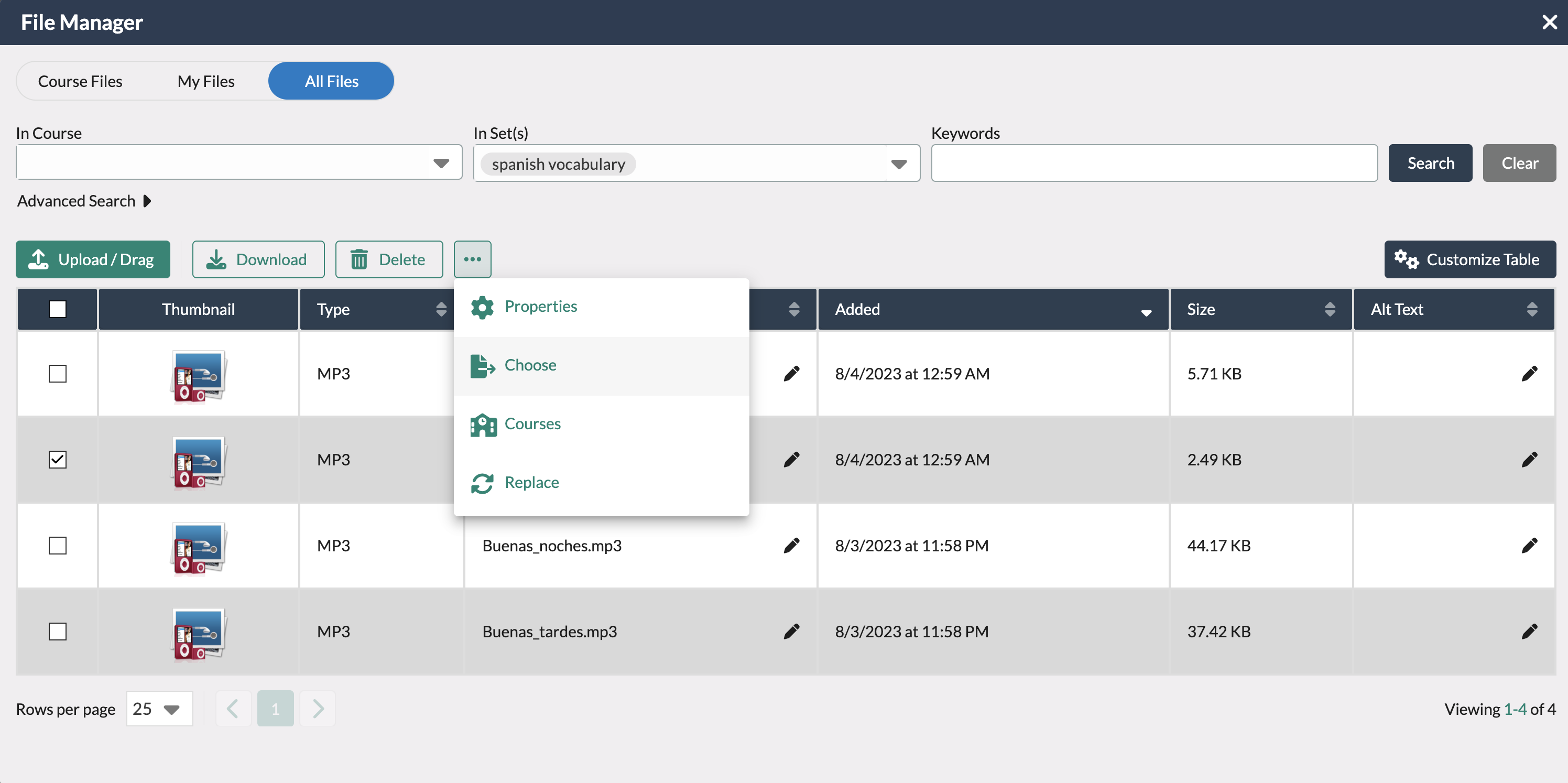 screenshot showing the file manager modal where an audio file is being chosen and selected.
