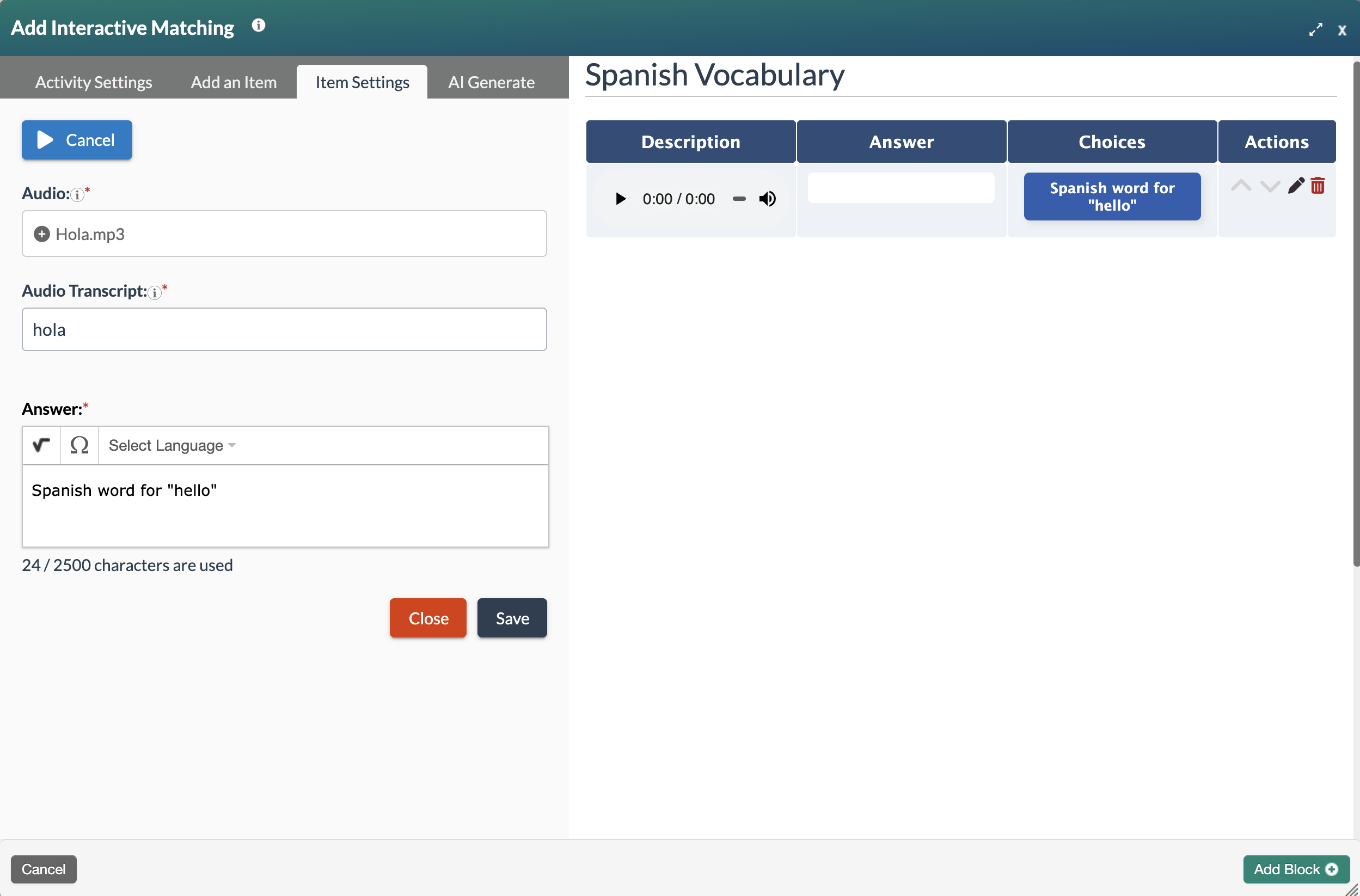 screenshot showing the interactive matching editing modal with the add item tab selected and adding an audio item with the audio transcript and answer fields filled in
