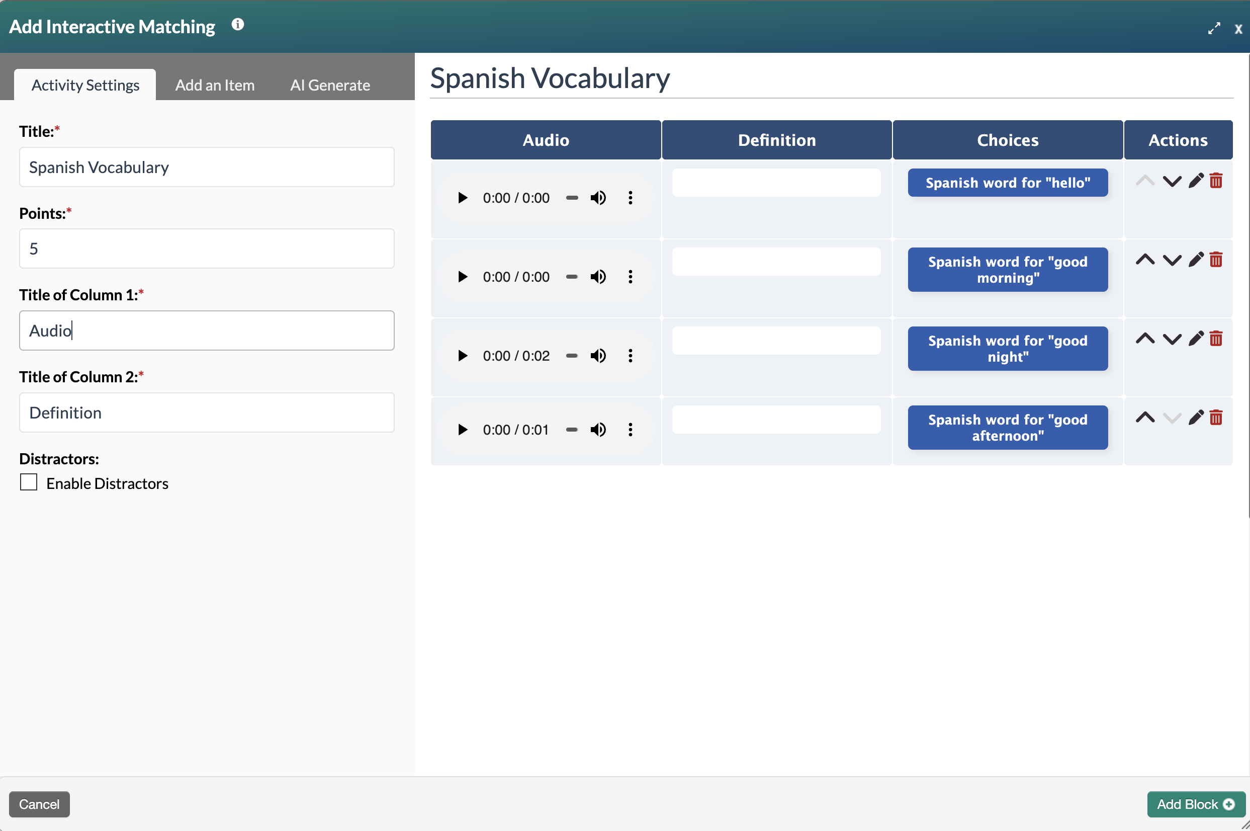 Add interactive matching modal, showing audio clips of Spanish vocabulary words in the Preview pane