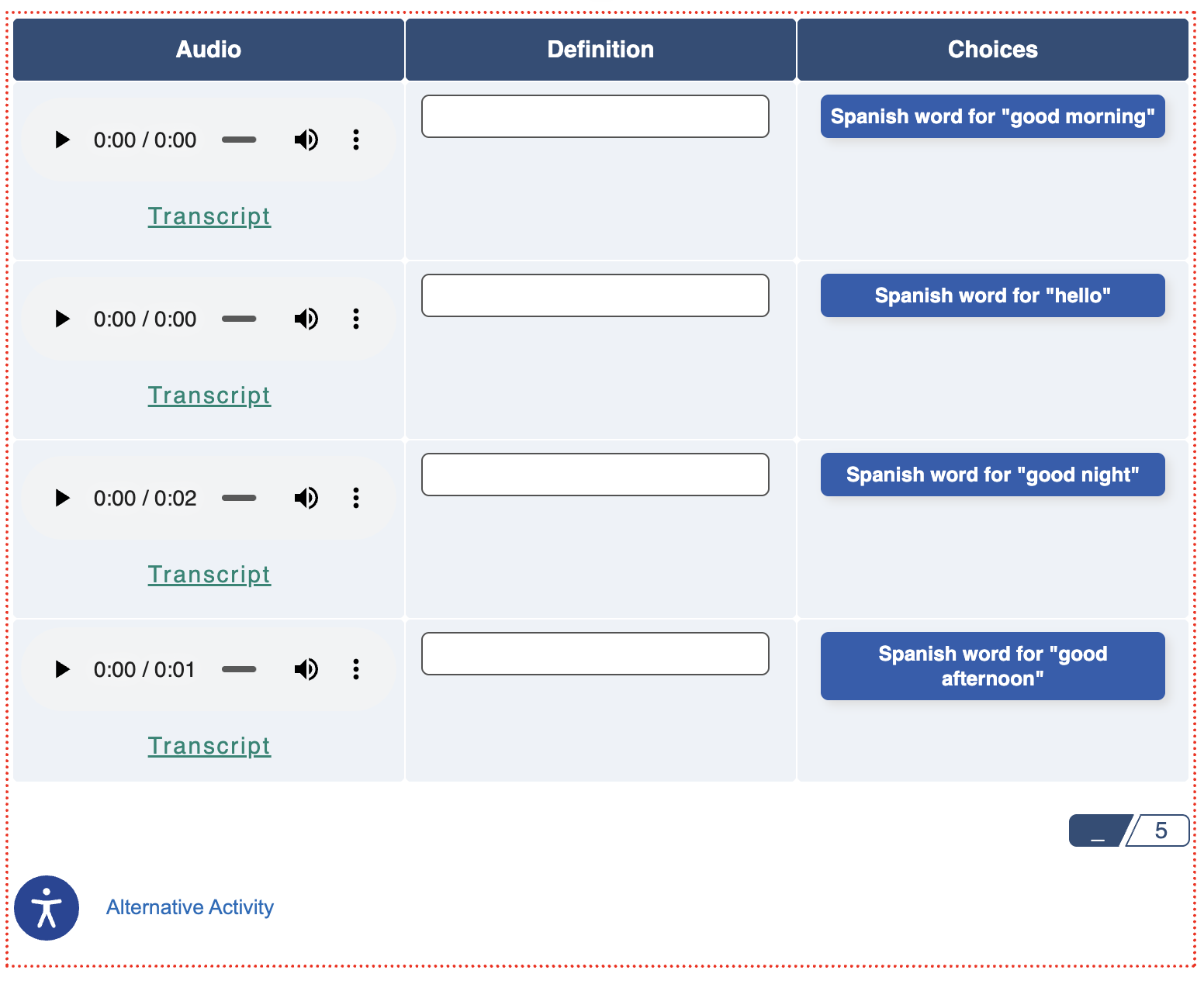 Interactive Matching block with audio clips on CourseArc content page in edit mode