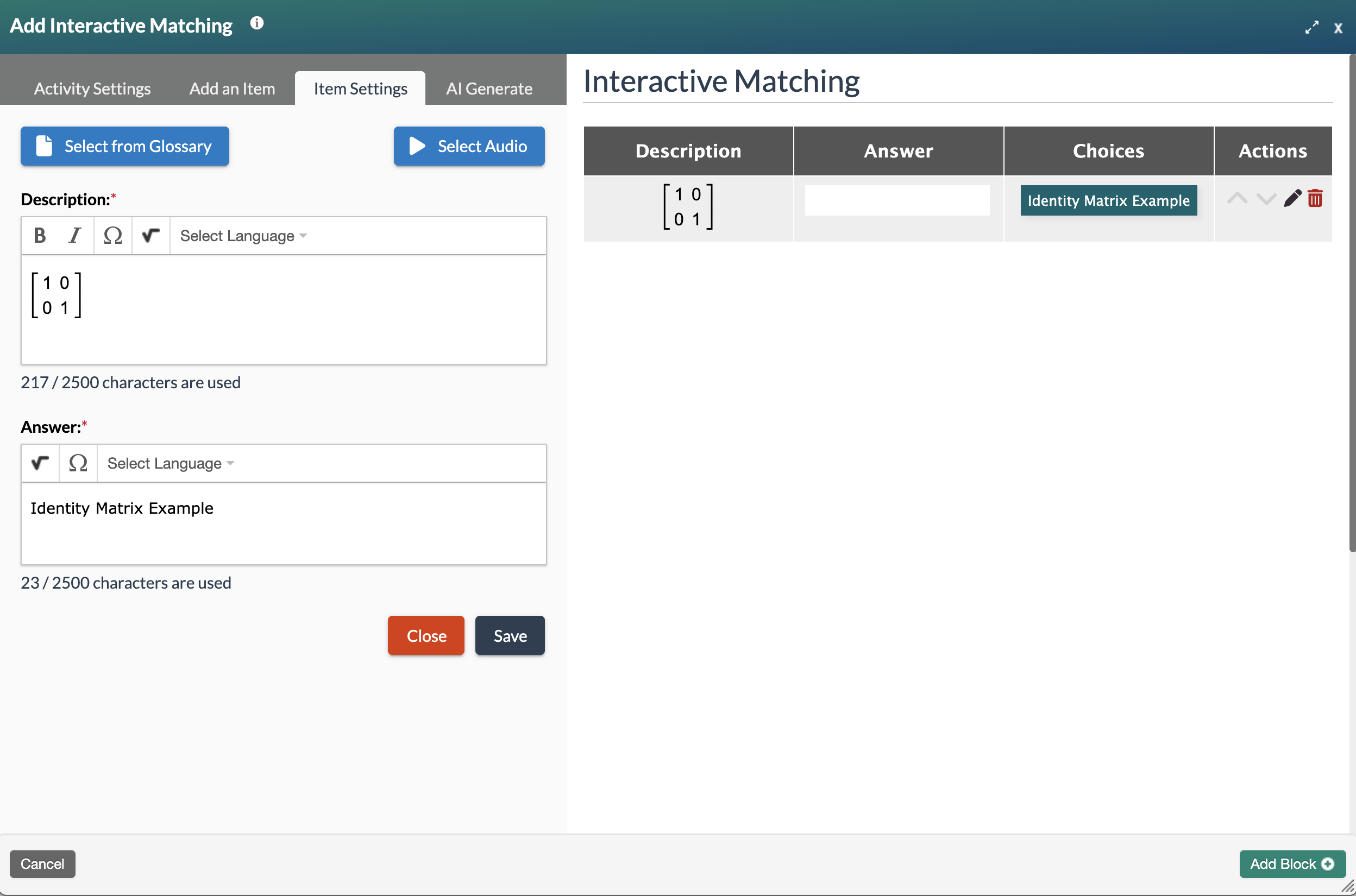 Add Interactive Matching modal, on the Item Settings tab