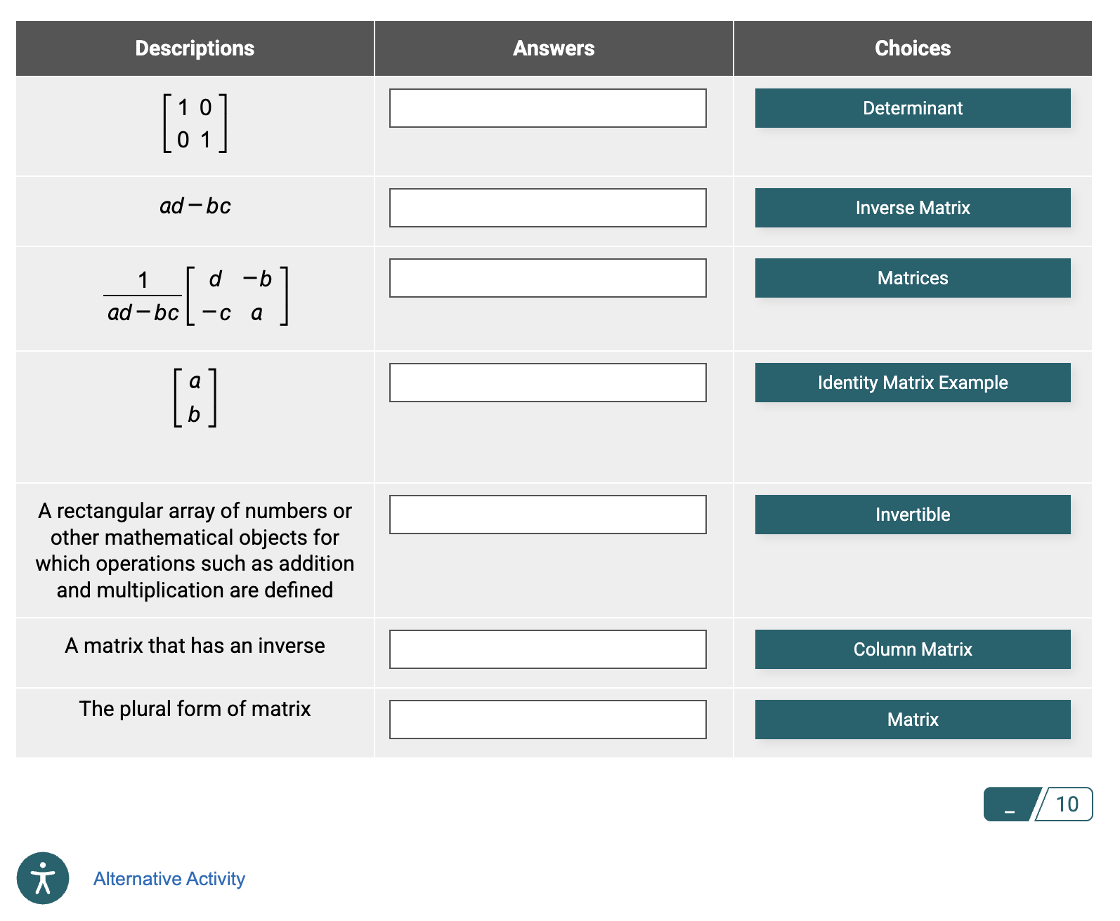 new Interactive Matching block showing math equations on a CourseArc content page that has been published