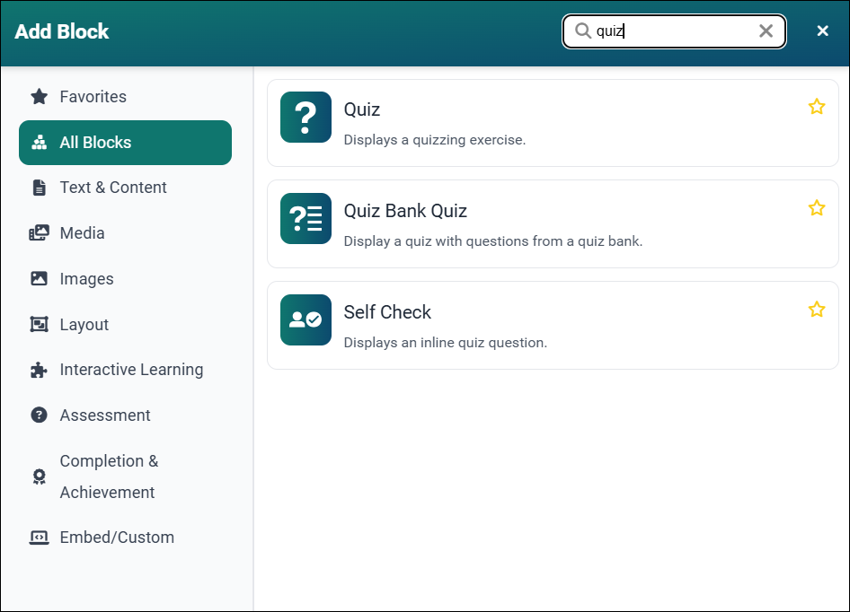 Add block modal, with the search field showing the Quiz block options available