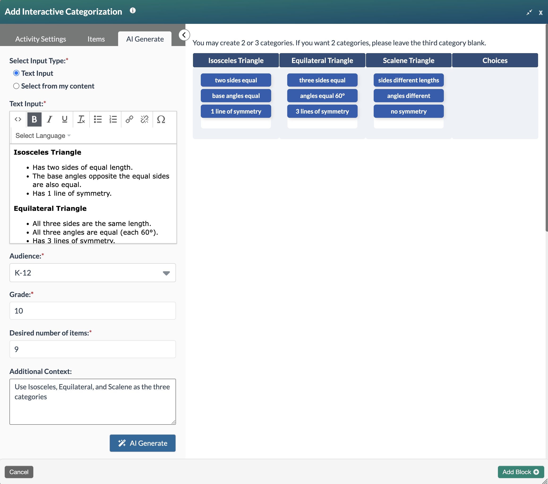 interactive categorizaton form showing questions generated using AI