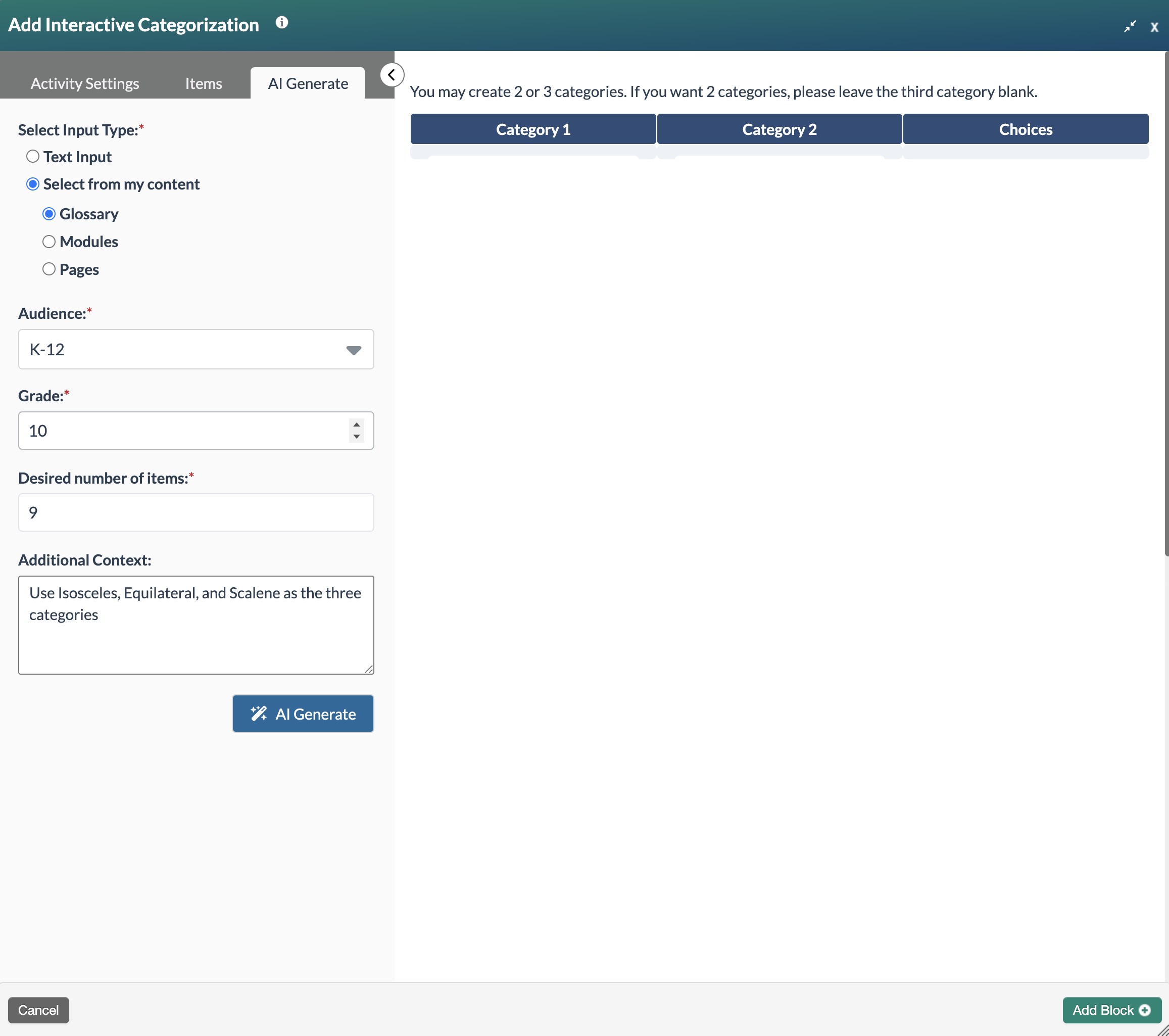 blank interactive categorization form showing select from my content and glossary checked