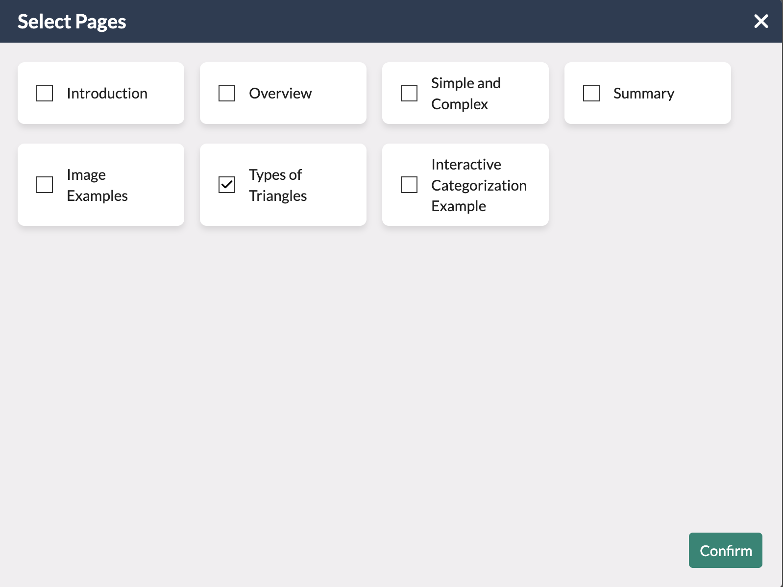blank interactive categorization form showing select pages and certain checked