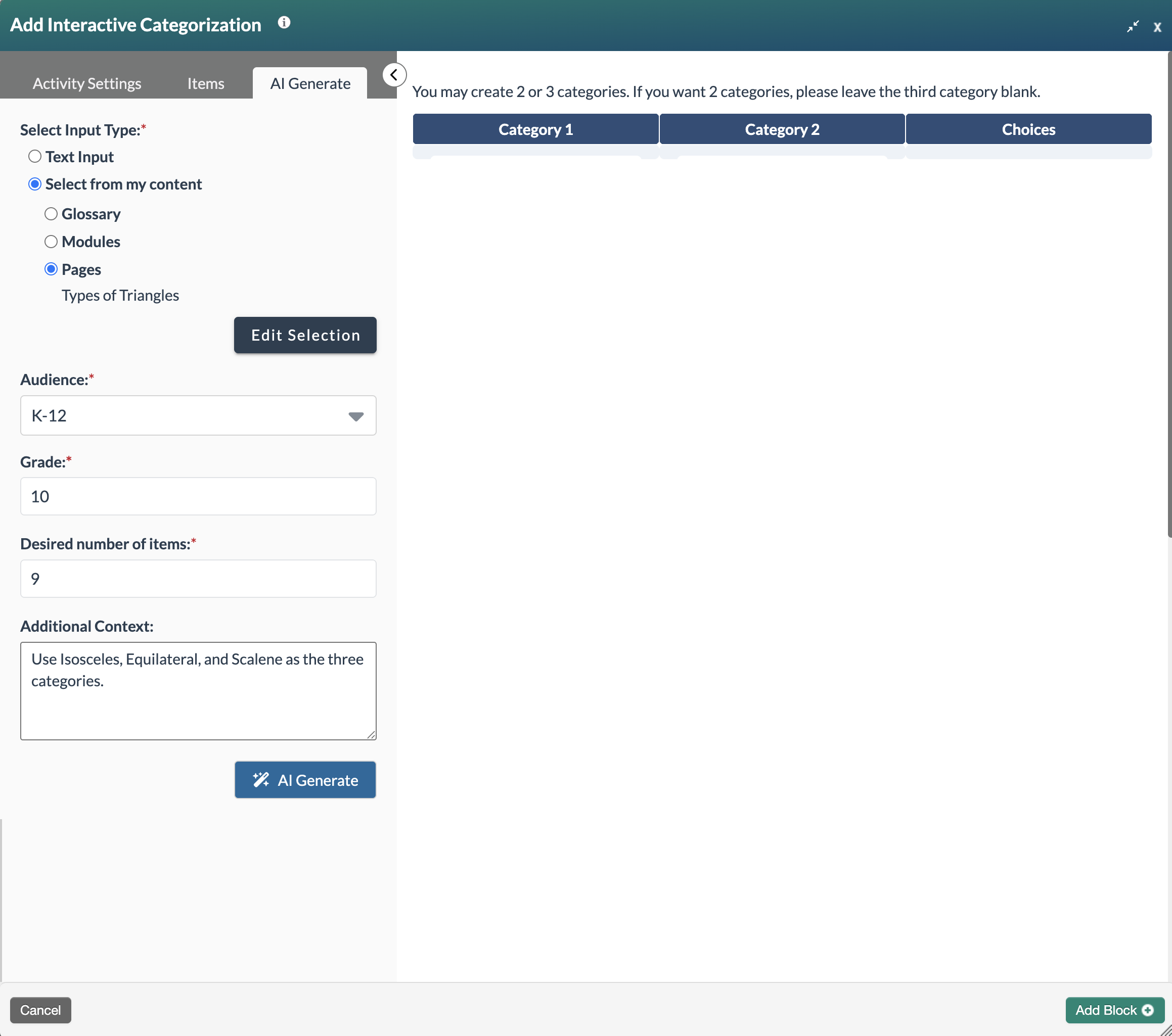 interactive categorization form showing select from my content and pages selected