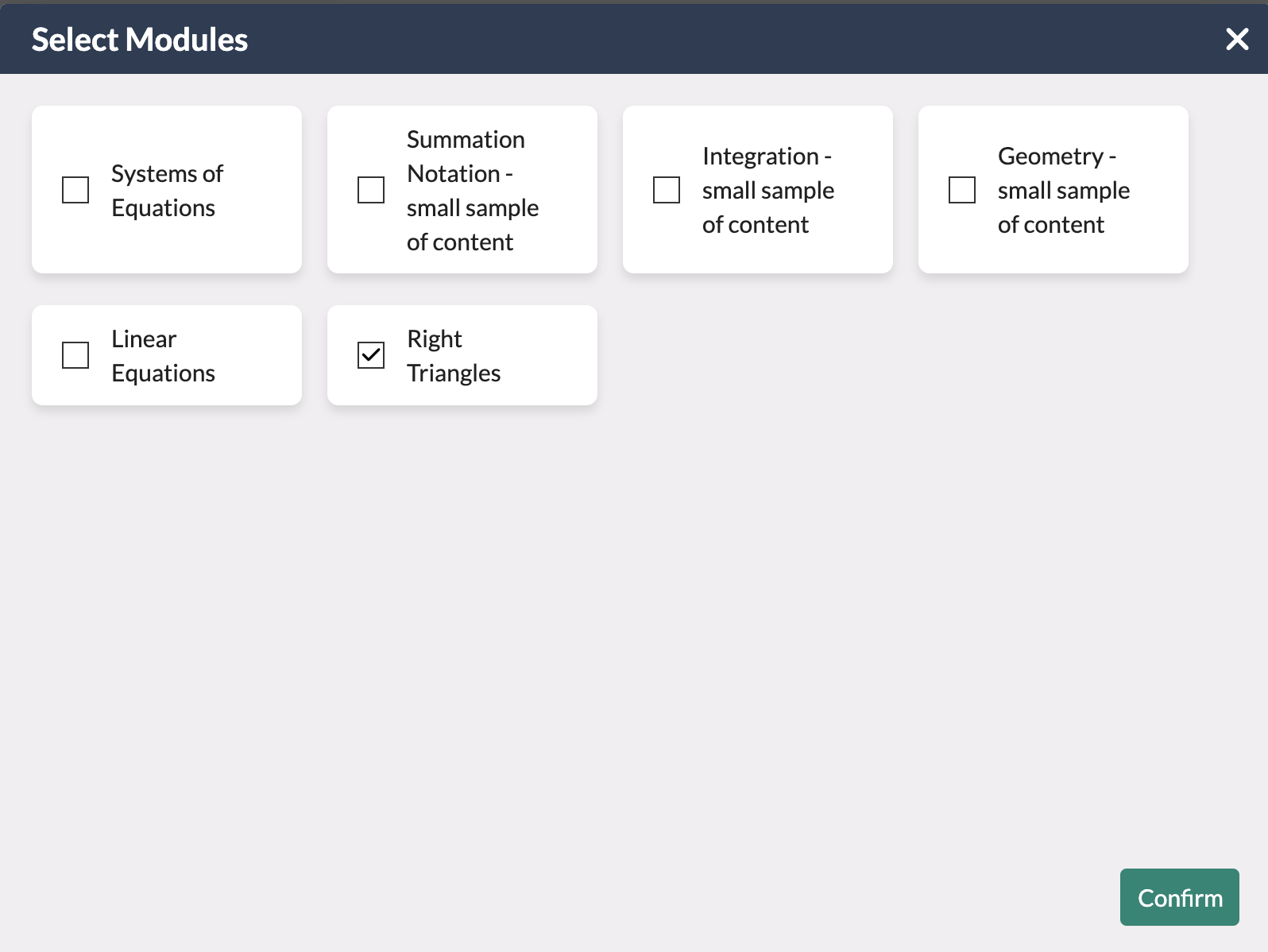 select modules module showing right triangles selected
