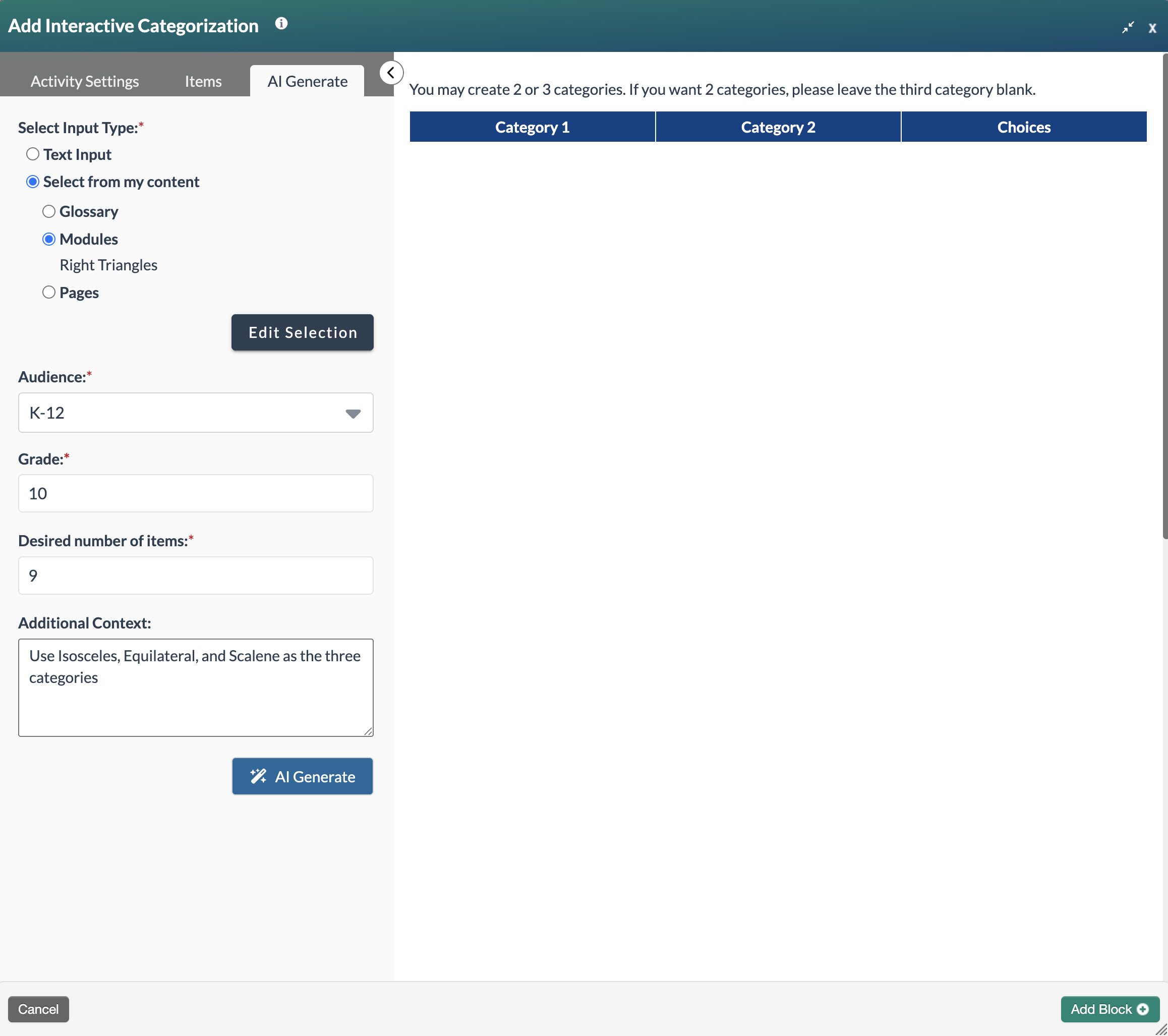interactive categorization form showing select from my content and modules - right triangles selected