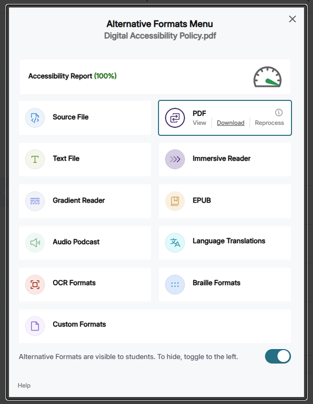 The alternative formats menu in D2L. The PDF option is selected, and Download within that option is highlighted. 