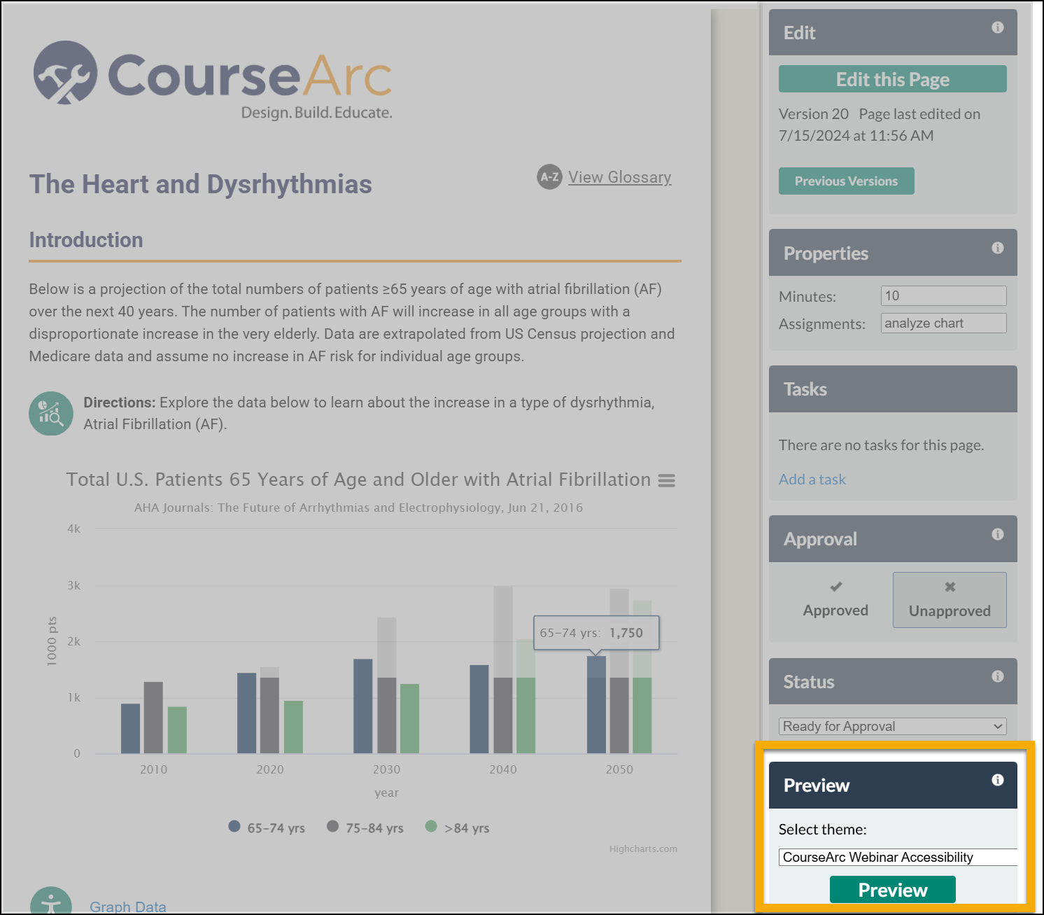 CourseArc content page in Edit Mode; Preview pane highlighted