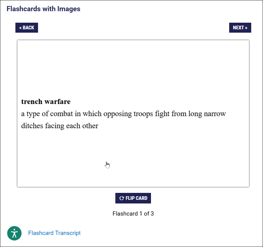 Published Flashcards with Images block, with Word and definition on the back