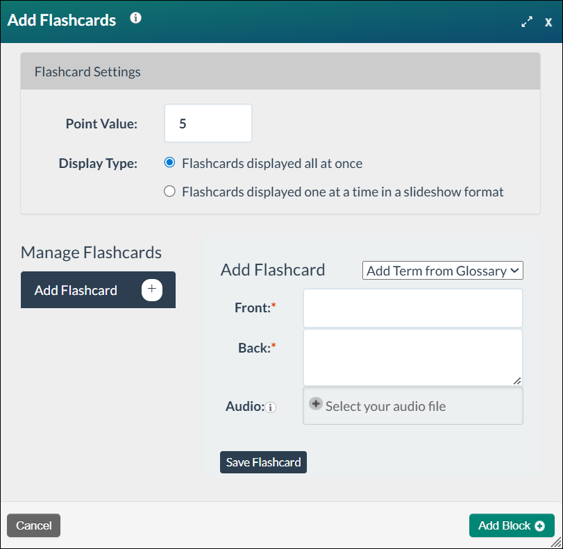 screenshot of a blank flashcards form