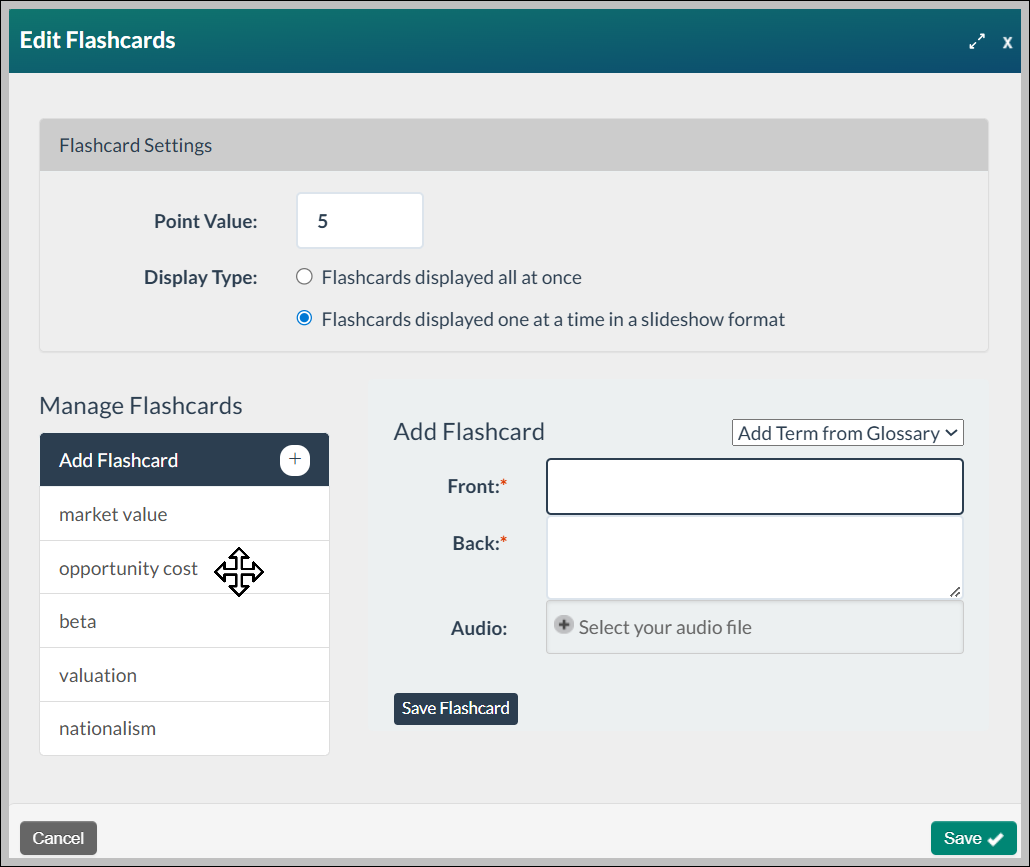 screenshot showing a four headed arrow cursor indicating you can reorder the flashcards