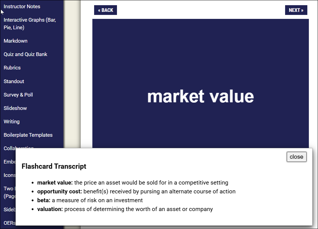Flashcard transcript shows all definitions in a single window