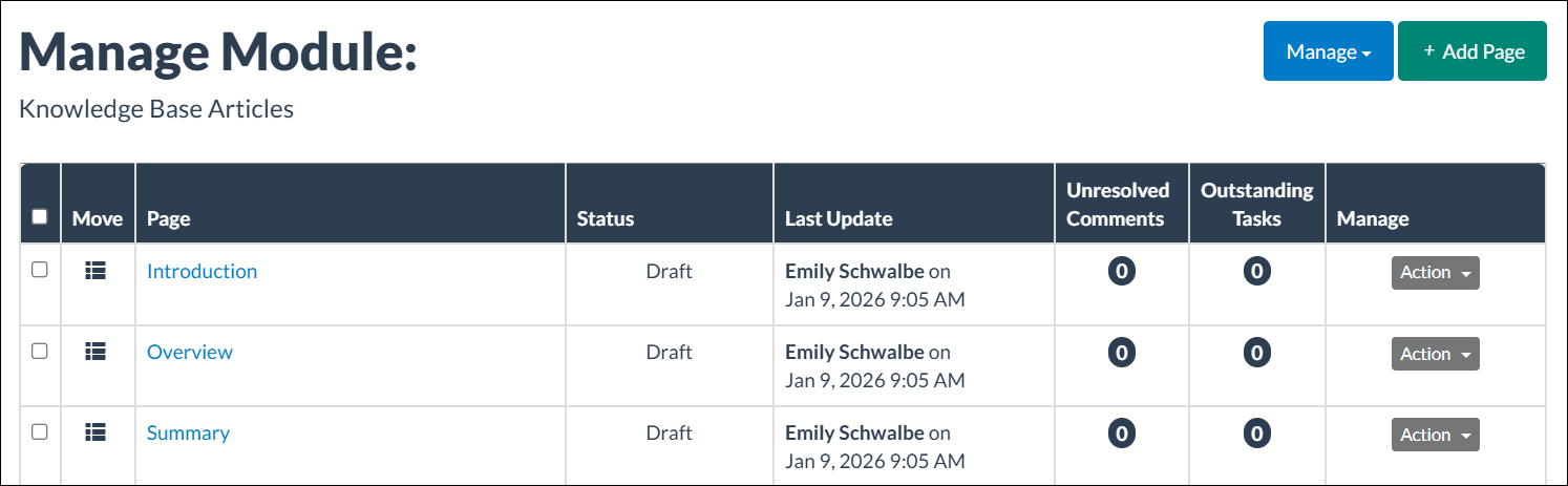Manage Module page, showing Introduction, Overview, and Summary pages