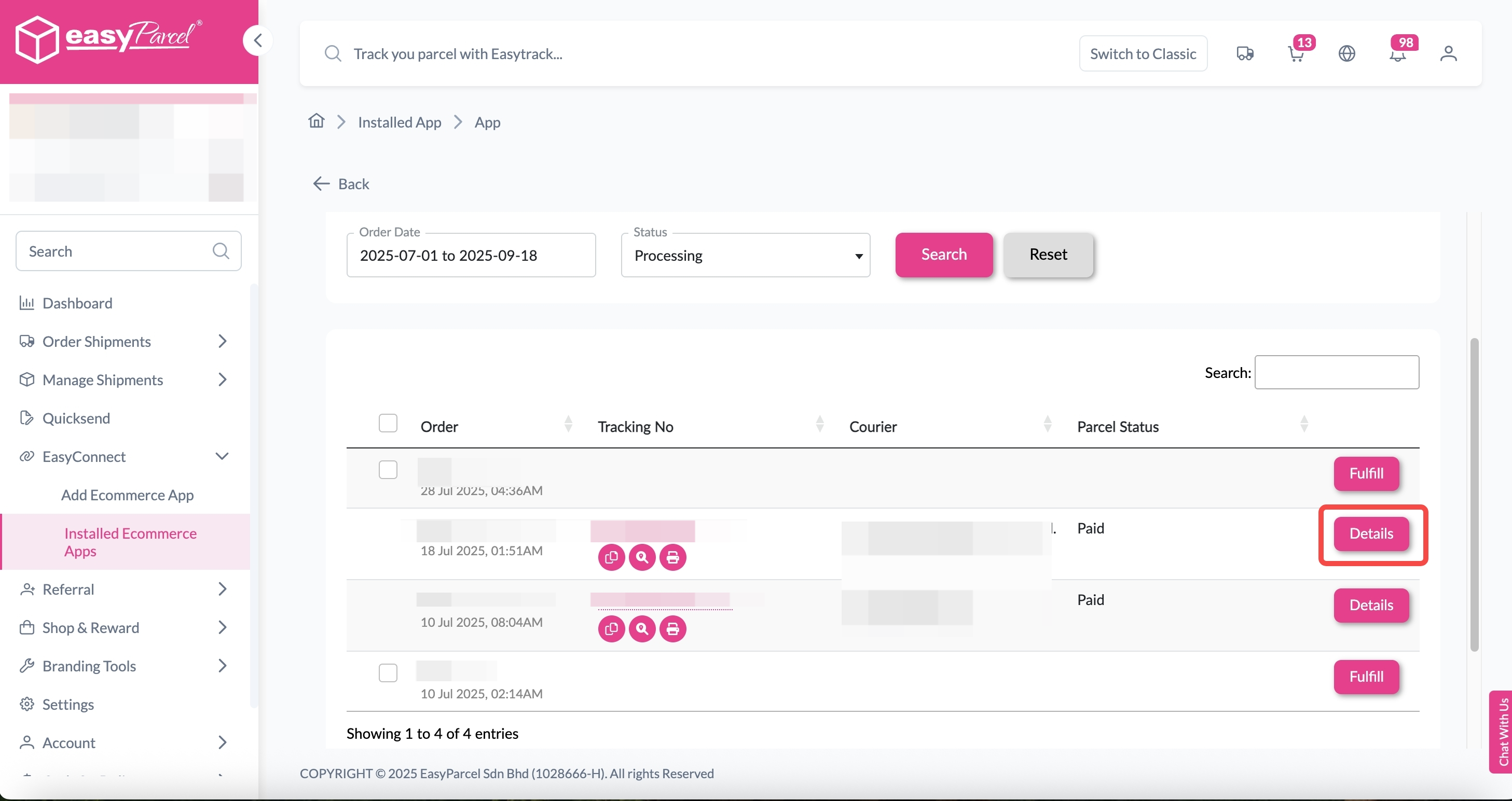 Order fulfilled status showing tracking number and download AWB button