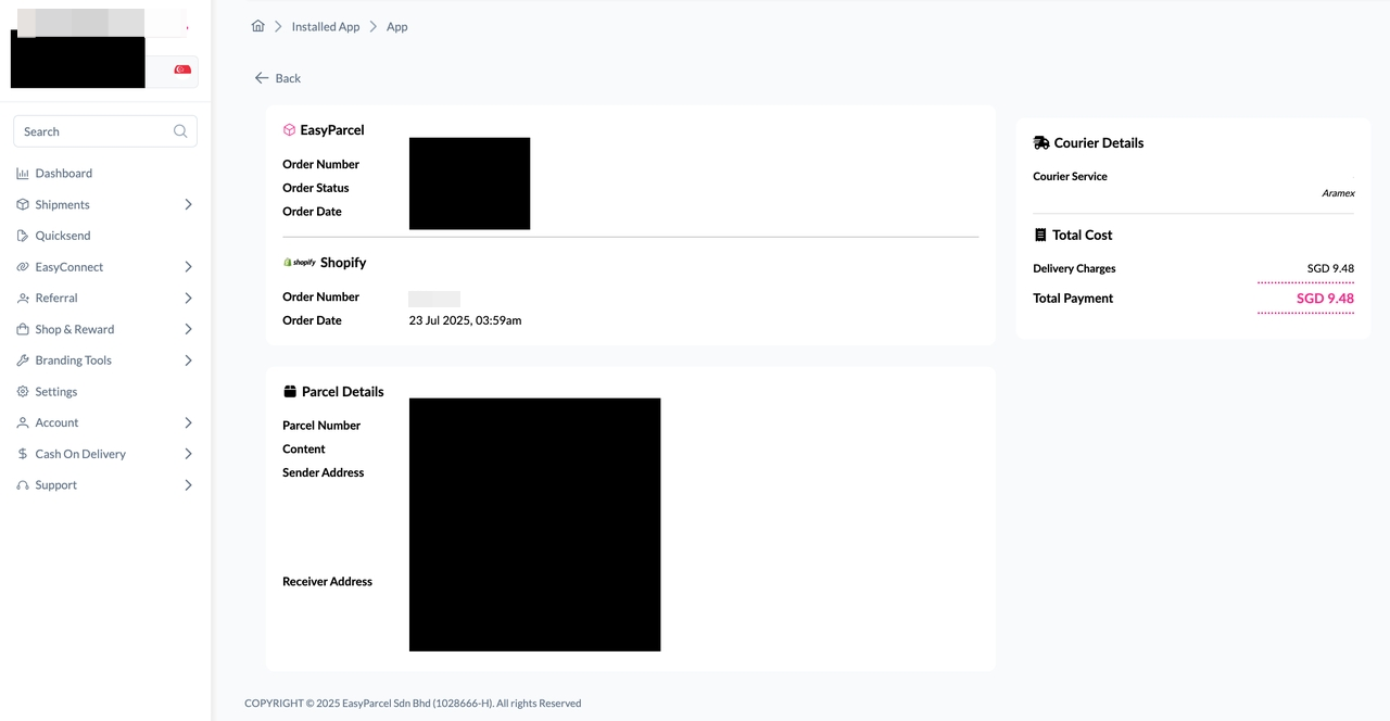 Order fulfilled status showing tracking number and download AWB button