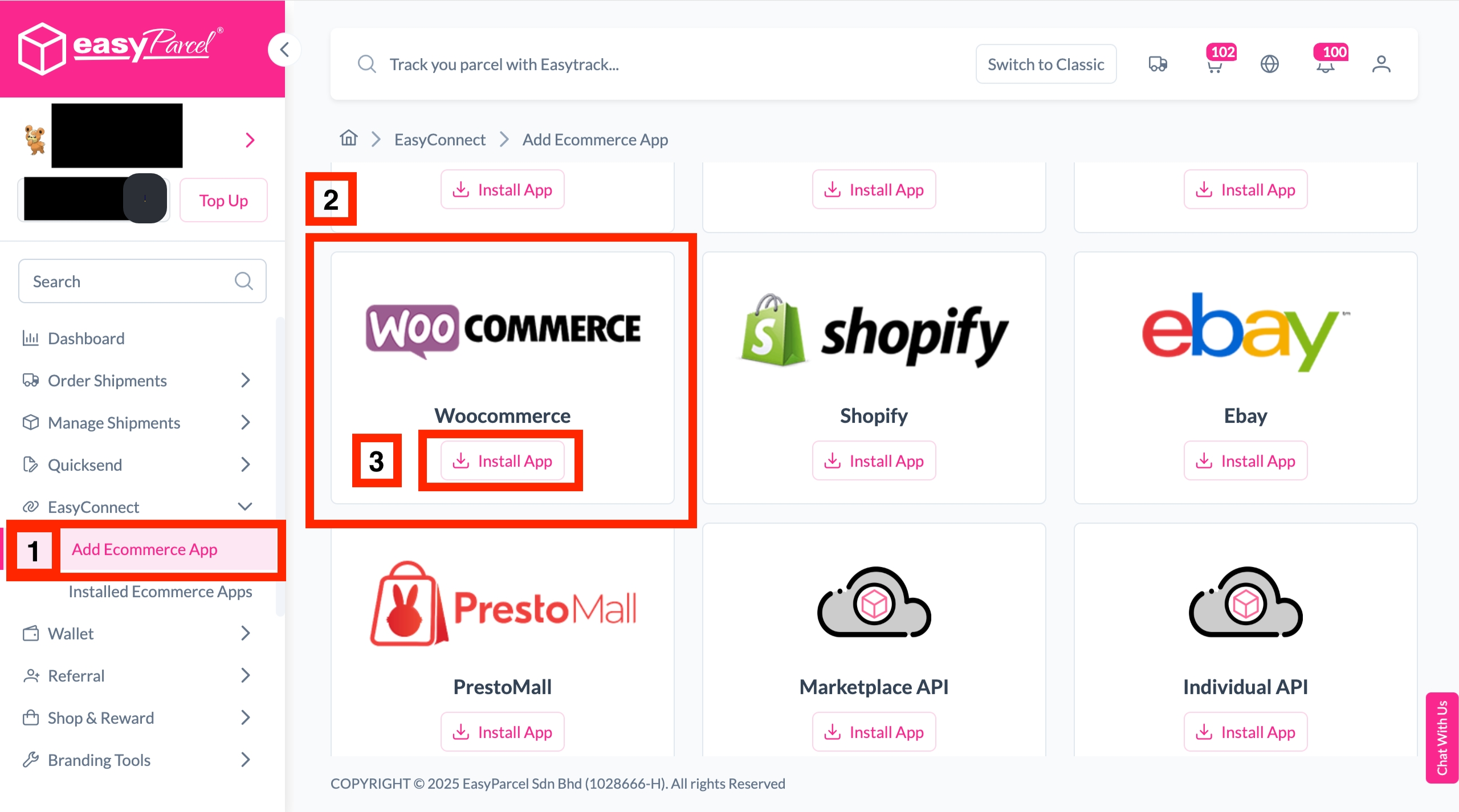 Selecting WooCommerce from the Add New Store menu in EasyParcel