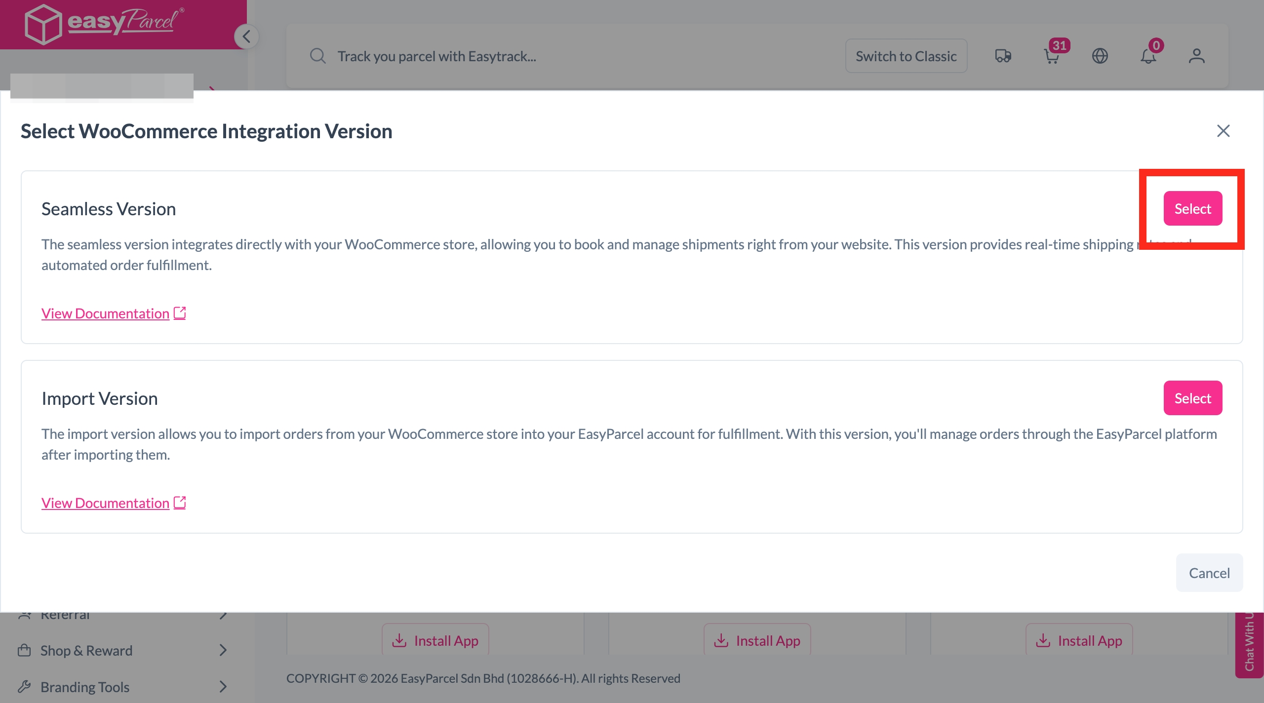 Selecting WooCommerce from the Add New Store menu in EasyParcel