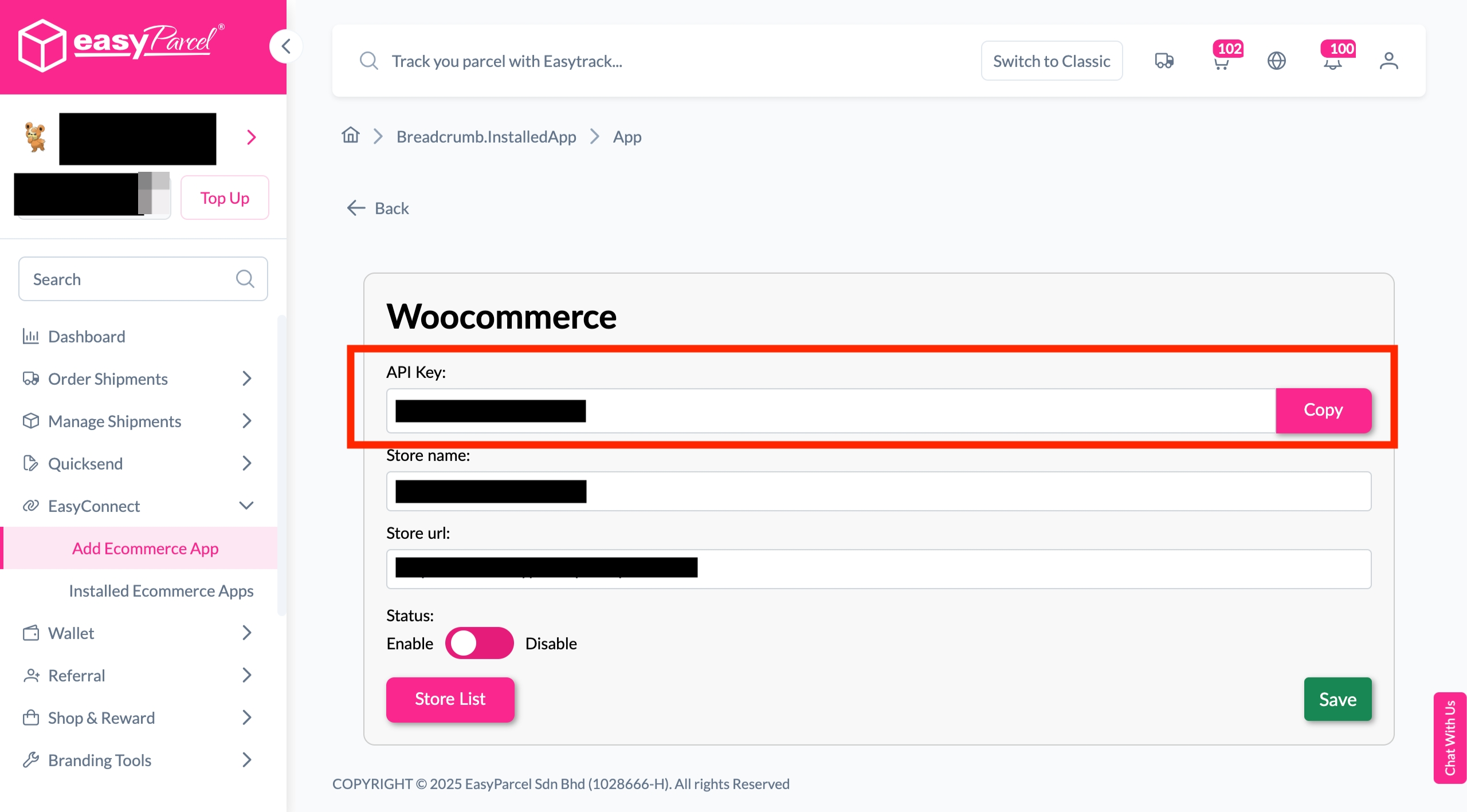 Selecting WooCommerce from the Add New Store menu in EasyParcel