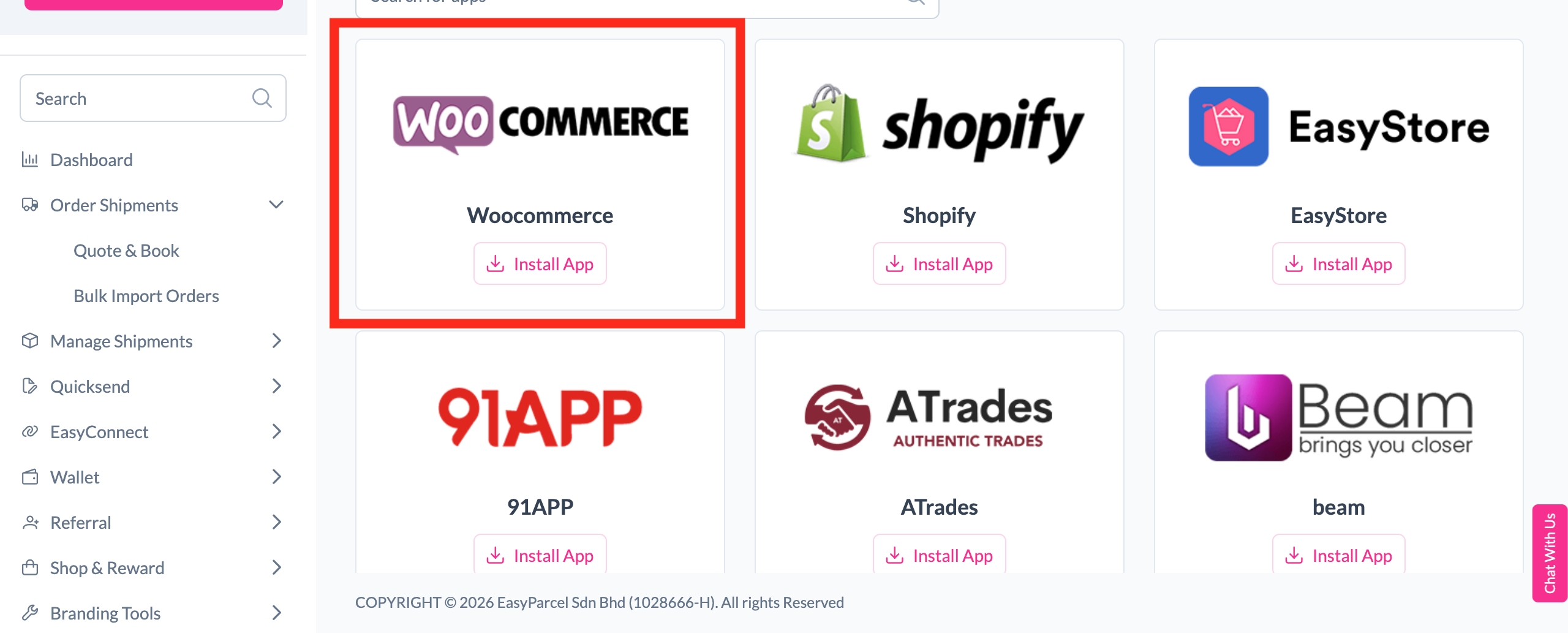 Selecting WooCommerce from the Add New Store menu in EasyParcel