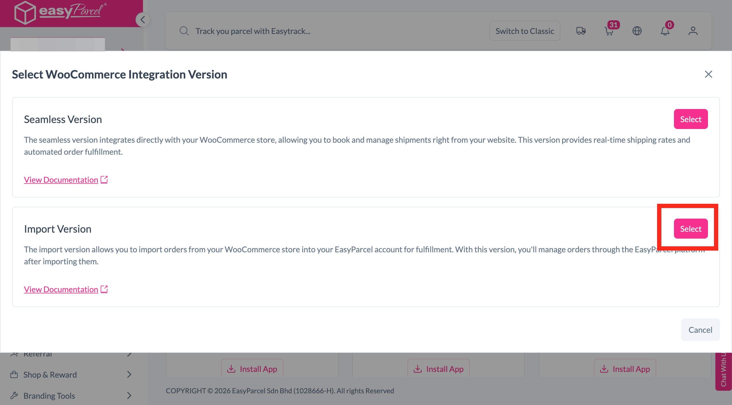 Selecting WooCommerce from the Add New Store menu in EasyParcel