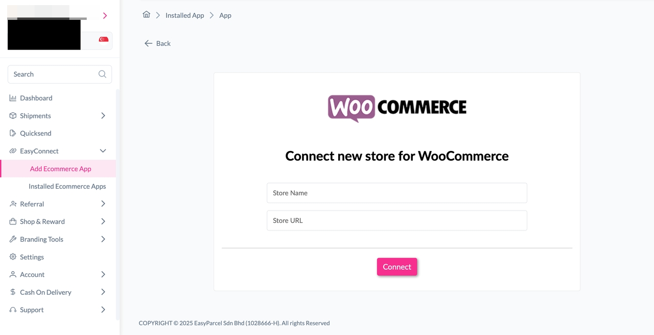 Selecting WooCommerce from the Add New Store menu in EasyParcel