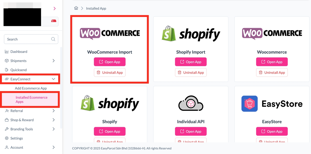 Selecting WooCommerce from the Add New Store menu in EasyParcel
