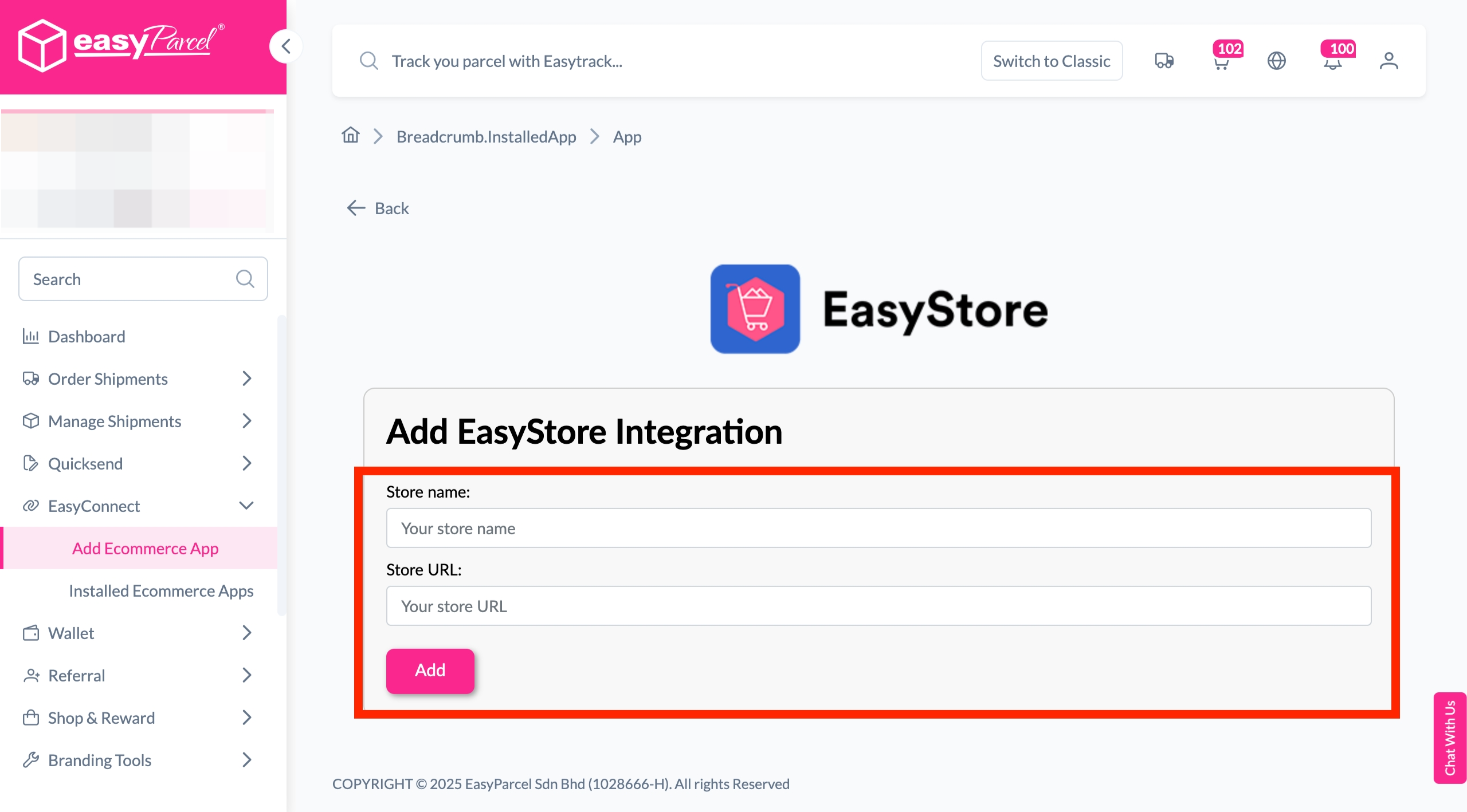 Enter Shop Name and EasyStore URL and click Submit