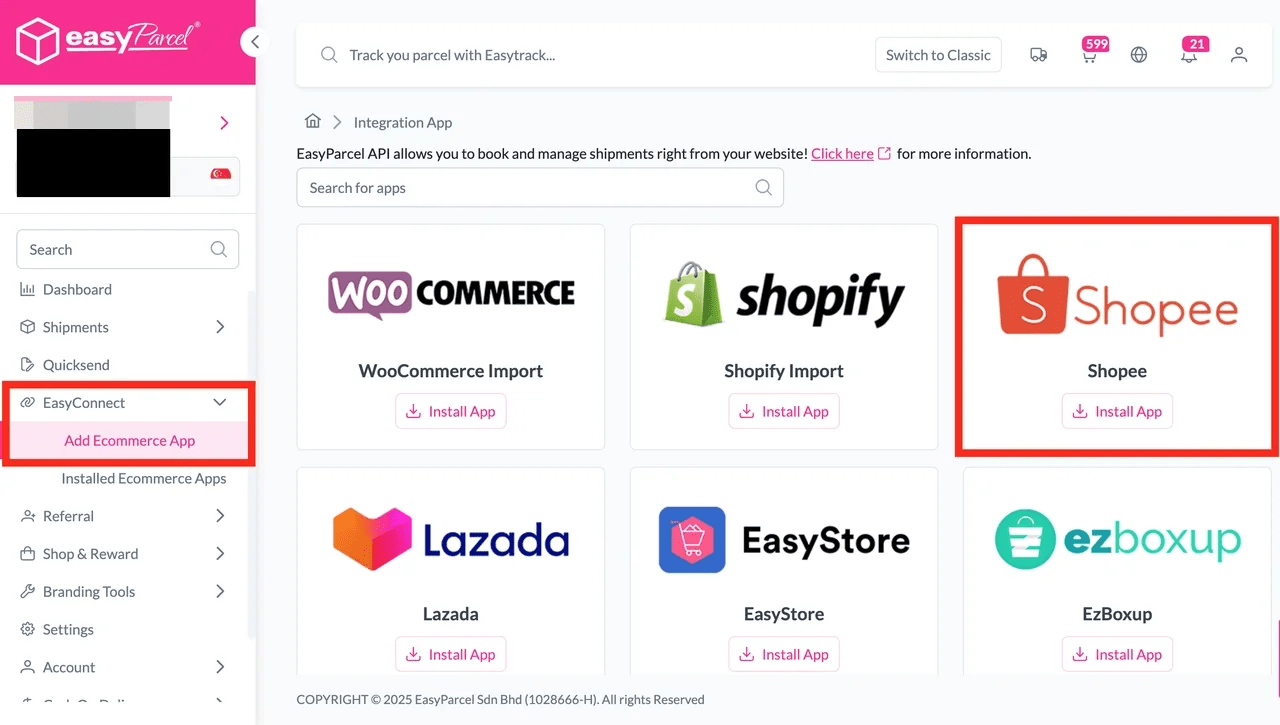 EasyParcel login and sign up page