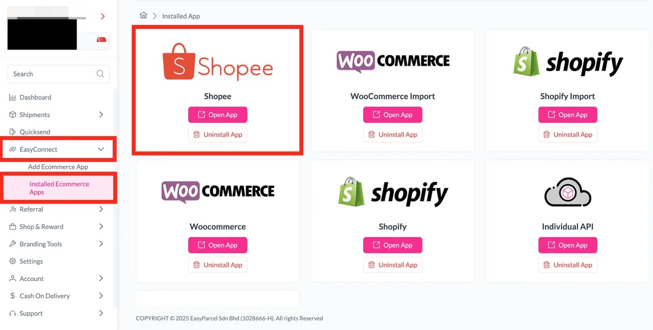 Open App button next to the connected Shopee store