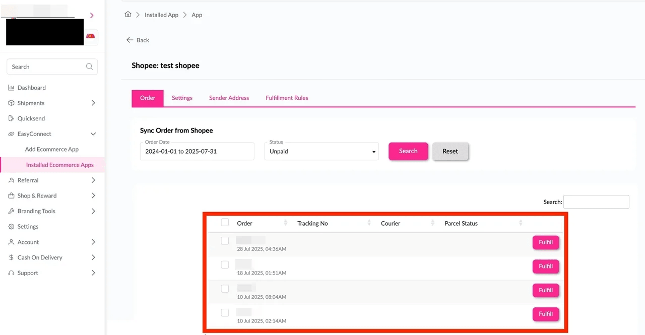 Open App button for Shopee integration in EasyParcel