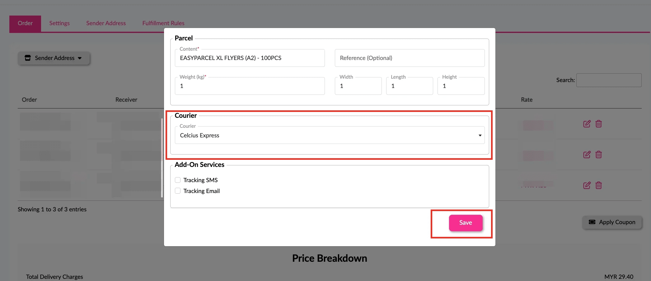 Drop off or pick up service selection and Get Quote button