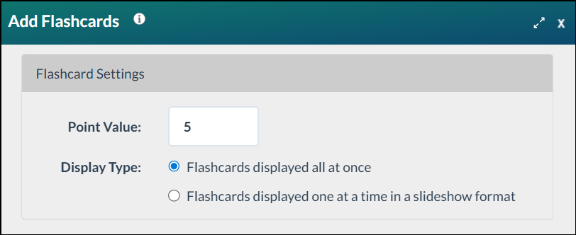 Flashcards settings close up in the Add Flashcards modal