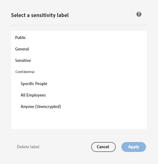 The Sensitivity Label selection menu in Acrobat. 