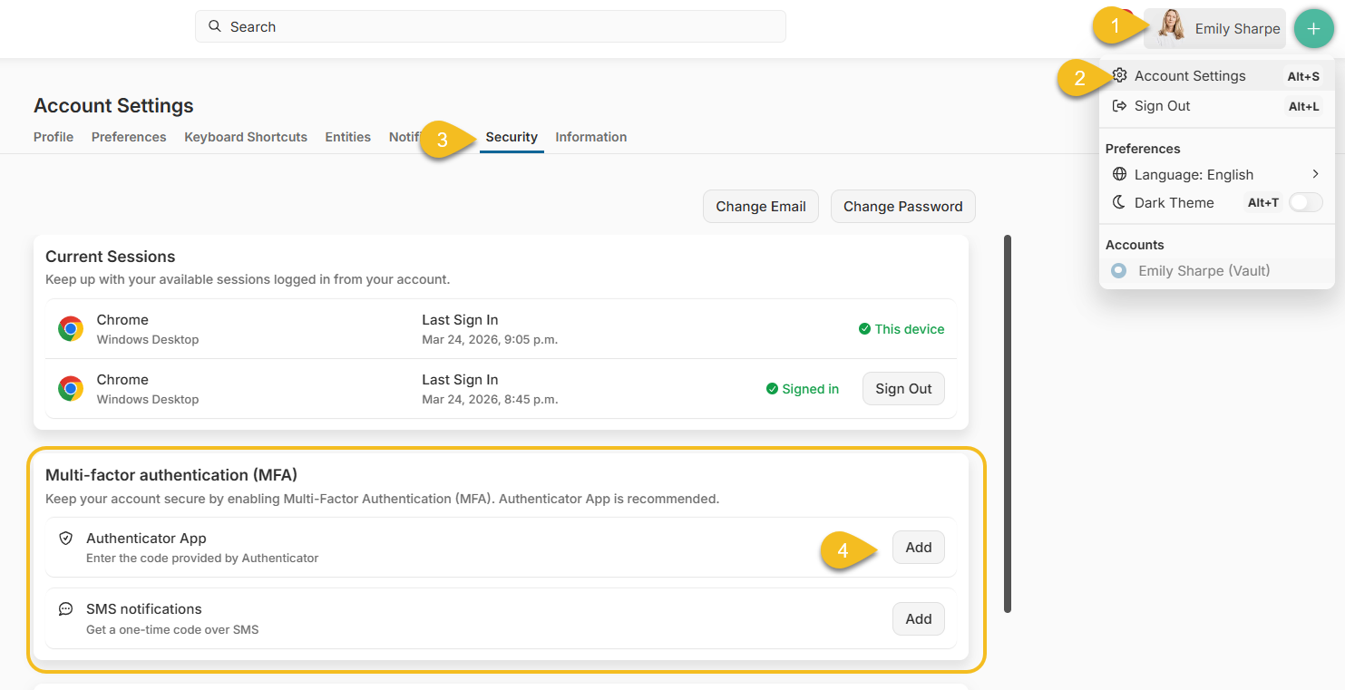 Click your name in the top-right corner. Select Account Settings. Go to the Security tab. In the Multi-Factor Authentication (MFA) section, choose your preferred method