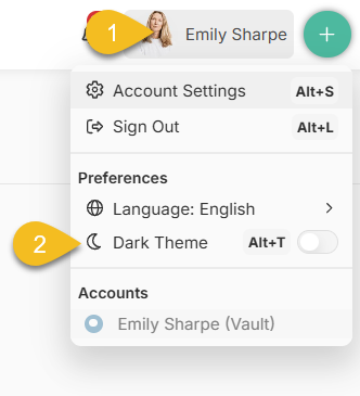 Click your name in the top-right corner. Locate the Dark Theme toggle