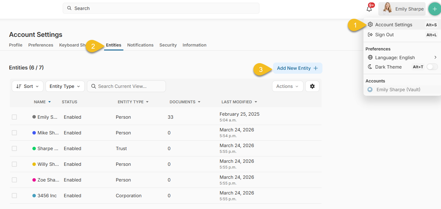 Go to Account Settings > Entities> Add New Entity