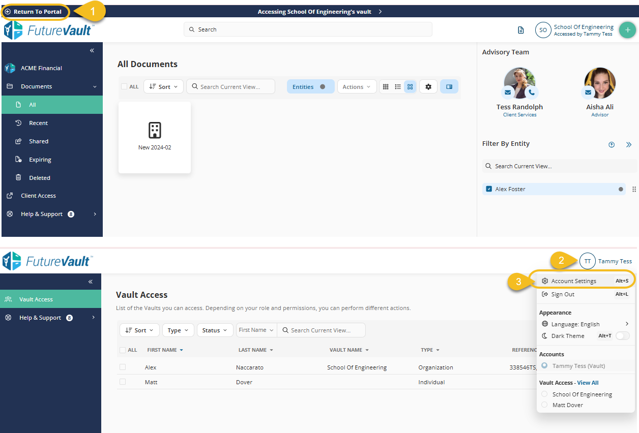Click Return to Portal (top-left corner). Once you are back in the portal view, your name will appear in the top-right corner, and you can access Account Settings.