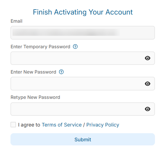 Set your new password and accept the Terms of Service/Privacy Policy.