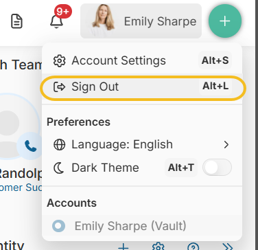 Click on your name in the top-right corner of the screen Select “Sign Out” from the dropdown menu