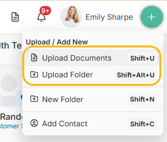 Click Upload button (top right). Choose 'Upload Documents' or 'Upload Folder'