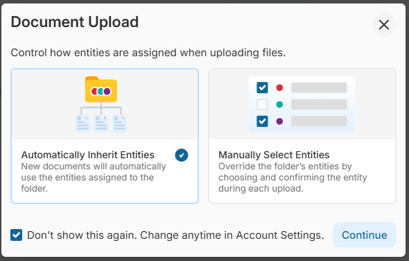 pop-up to control how entities are assigned to your document.