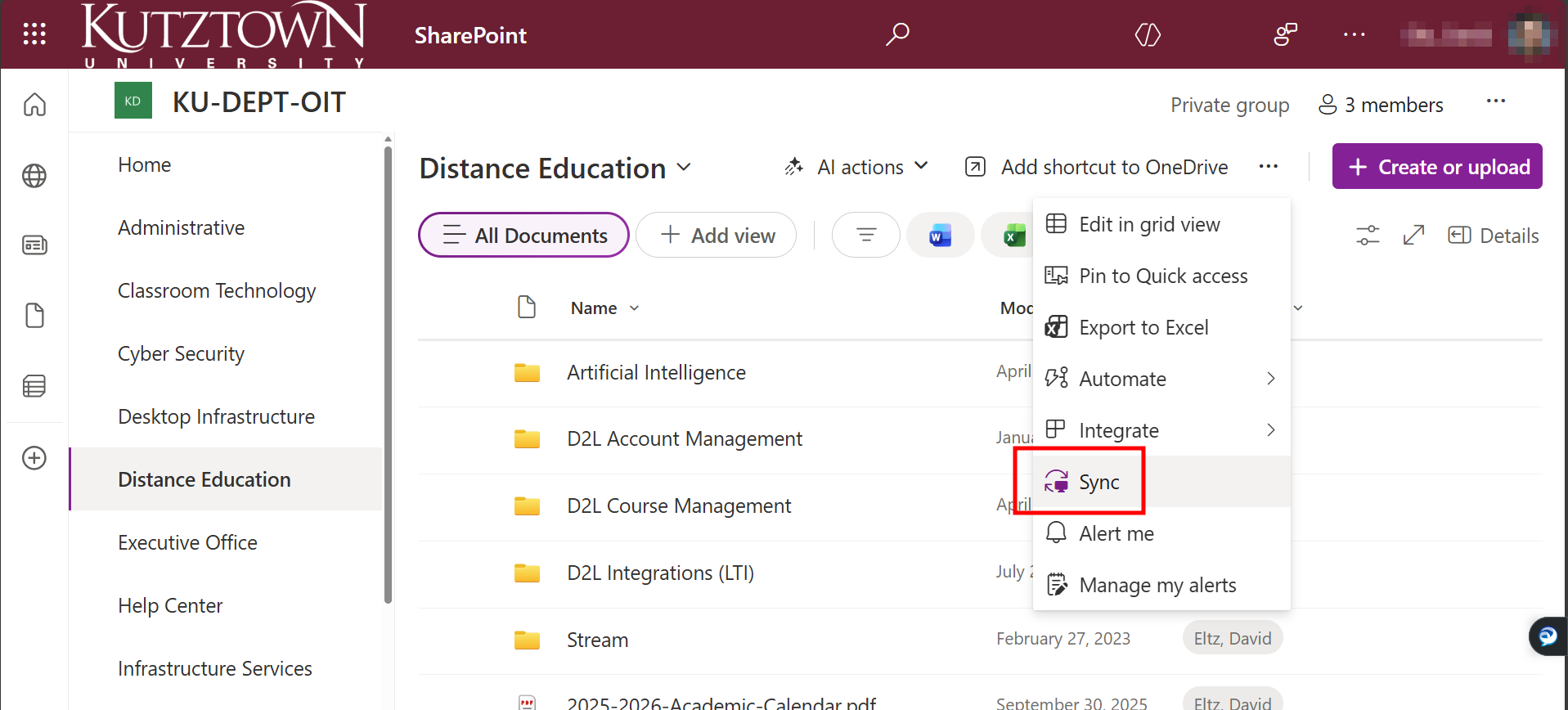 A SharePoint Document Library. The meatball menu in the toolbar along the top is open and Sync is highlighted. 