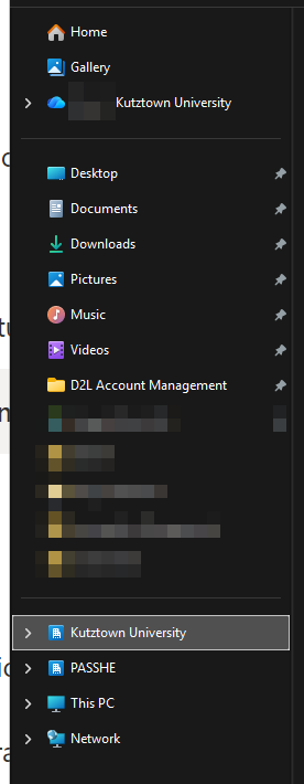 The File Explorer Sidebar in Windows shows a section for synced SharePoint sites. Kutztown University is shown above This PC. 