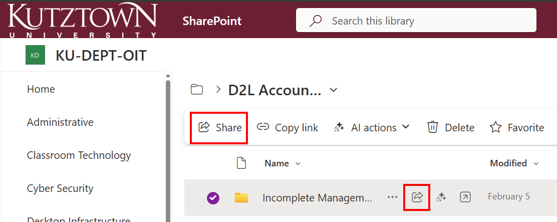With a file selected in SharePoint, Share buttons appear next to the file's title and in the top menu bar.